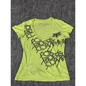 VTG Y2K Fox Racing Girls Neon Lime Green V Neck T Shirt Womens Small Graffiti